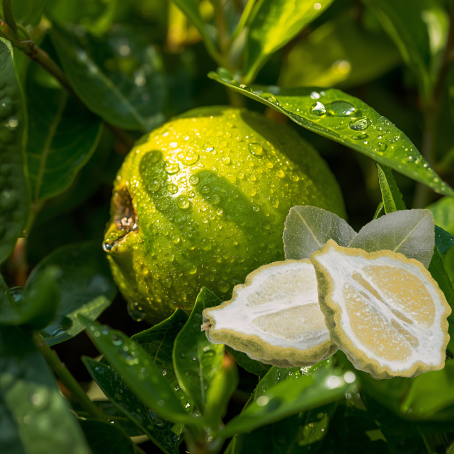 Fingerlimes that are long and green with tiny juice pearls inside