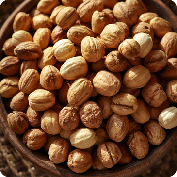 Macadamia nut with hard brown shell and creamy white interior