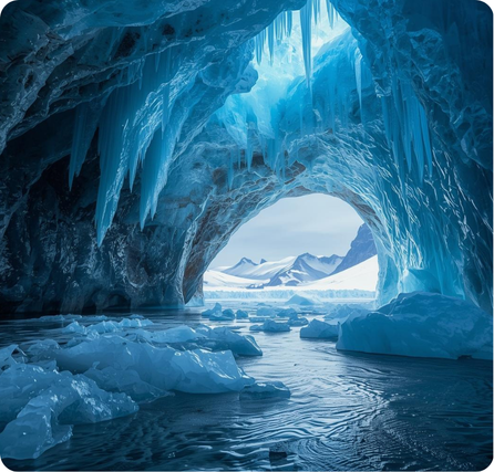 Vatnajökull Ice Caves with blue glowing ice walls and smooth frozen tunnels