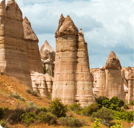 Cappadocia landscape with tall rock formations shaped like cones and chimneys