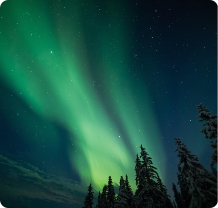 Northern Lights with green and purple light streaks glowing across the night sky