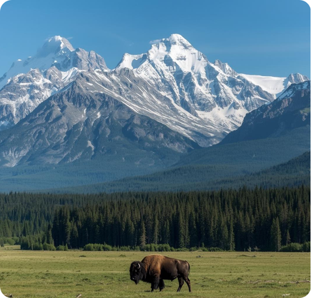 Denali mountain with a high snow-covered peak rising above surrounding wilderness