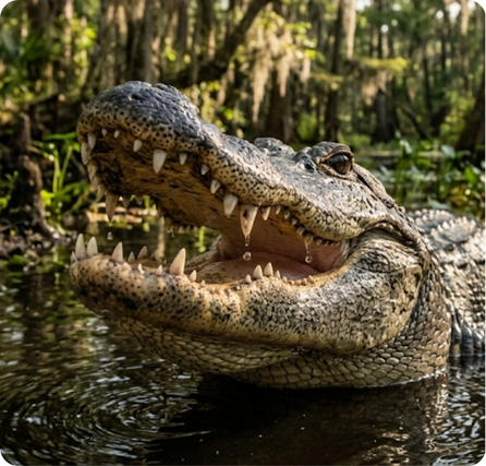 Alligator with dark scaly skin, long snout, and powerful tail