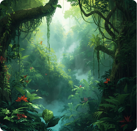 Amazon Rainforest with dense green canopy, winding rivers, and thick vegetation