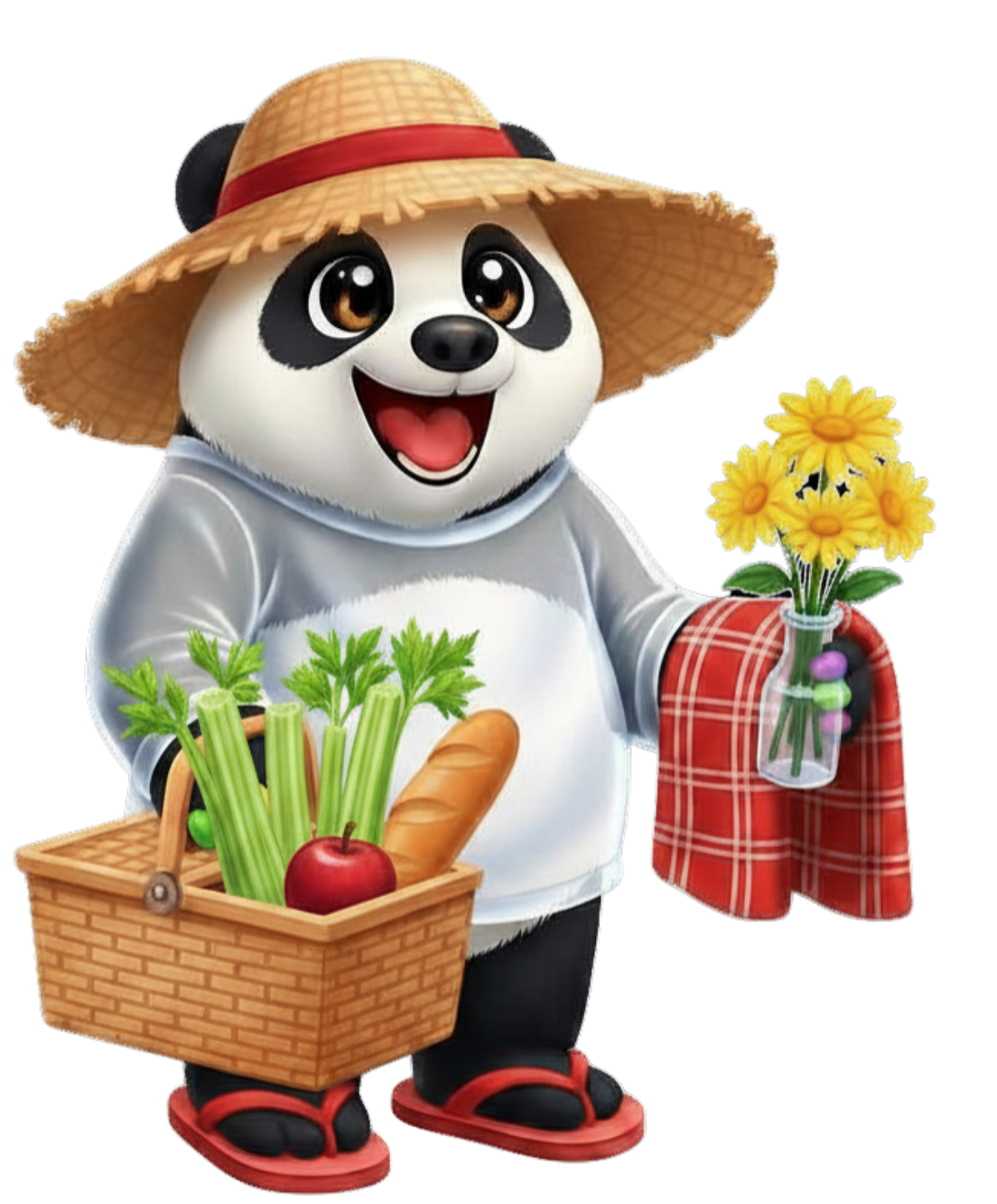 Cartoon of a young panda bear wearing a straw sun hat is carrying a picnic basket, tablecloth and flower vase.