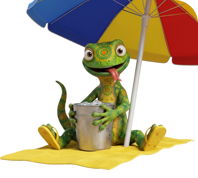 Cartoon lizard with yellow and red markings sitting on a towel under a beach umbrella holding a bucket of ice.
