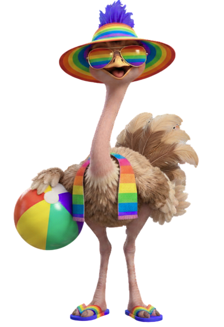 Cartoon ostrich with a purple mohawk, rainbow sunglasses, hat, towel, and beach ball.