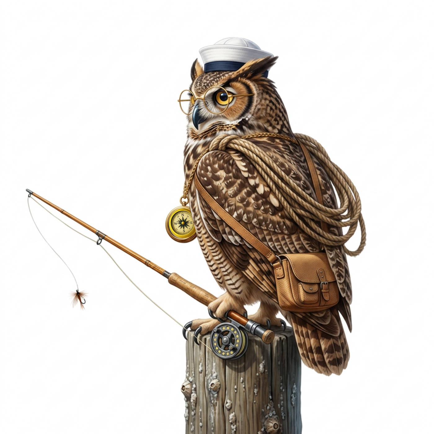 Cartoon owl perched on a pier post while holding a fishing rod.