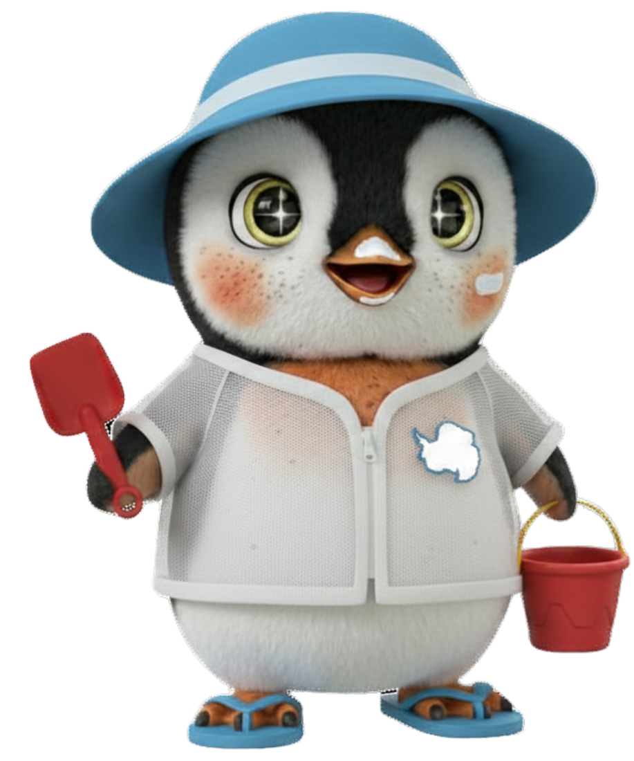 Cartoon penguin carrying a red bucket and shovel,  wearing a white sunscreen jacket and blue straw hat.
