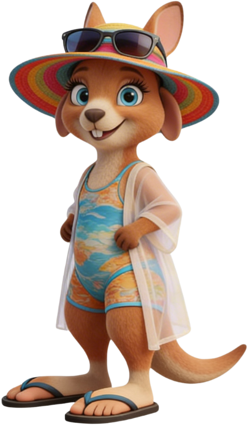 Cartoon kangaroo in a wide-brimmed sun hat with sunglasses perched on the hat.