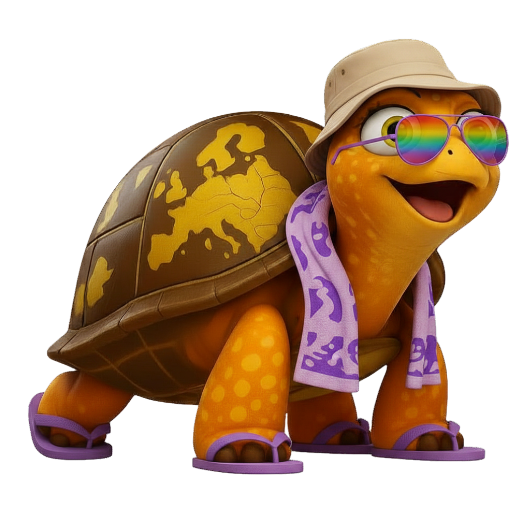 Cartoon turtle wearing a tan fisherman's hat, rainbow sunglasses, and purple flipflops with a purple striped towel around its neck.