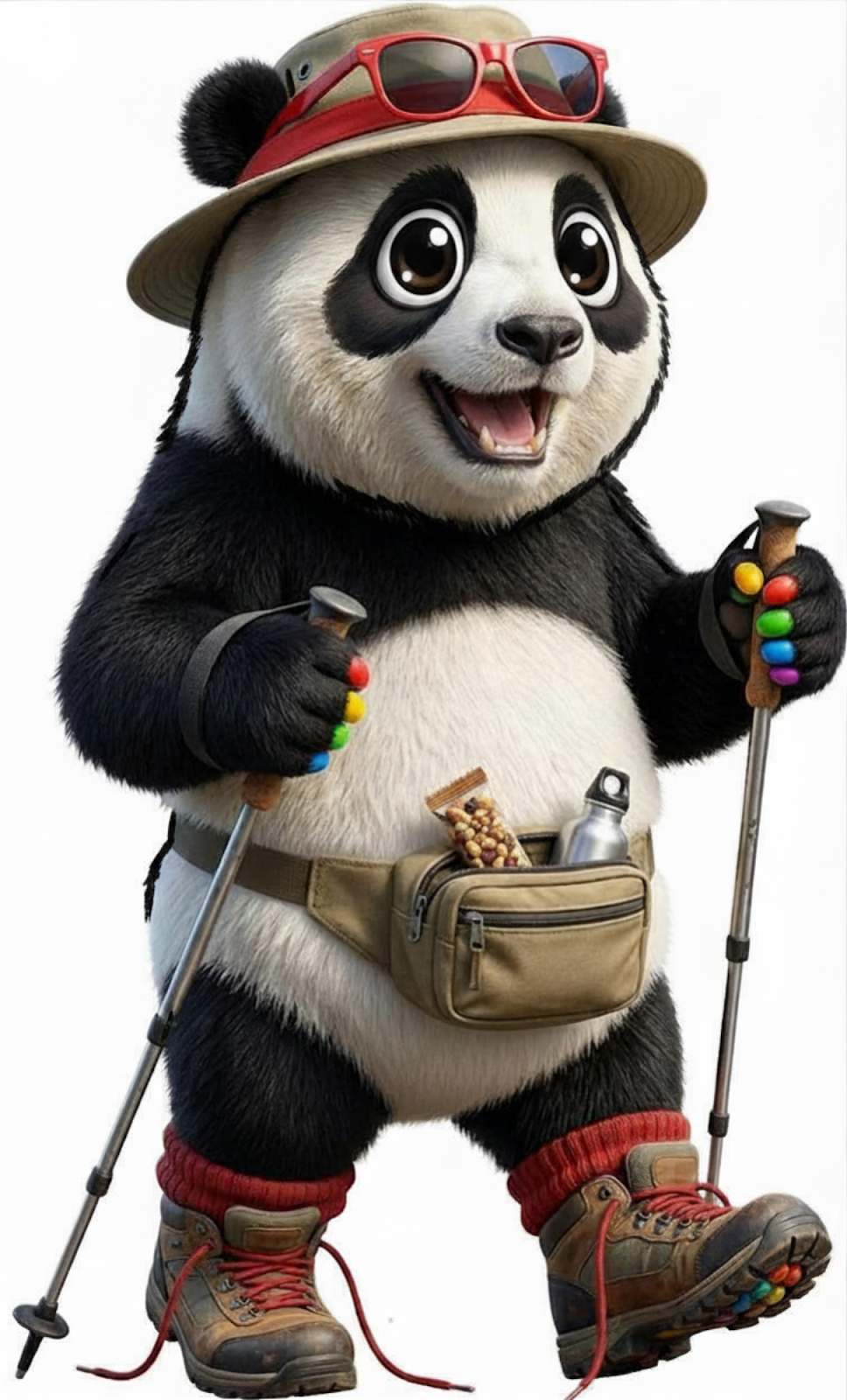 Cartoon of a young panda bear wearing hiking boots with red shoelaces untied. It has a fannypack filled with snacks and water bottles. In each paw is a hiking pole.