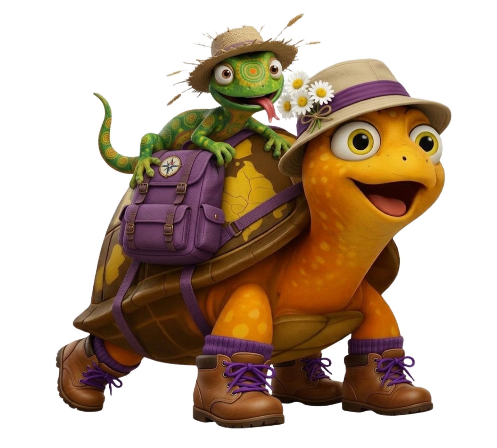 Cartoon lizard riding on the back of a turtle ready for a long hike.