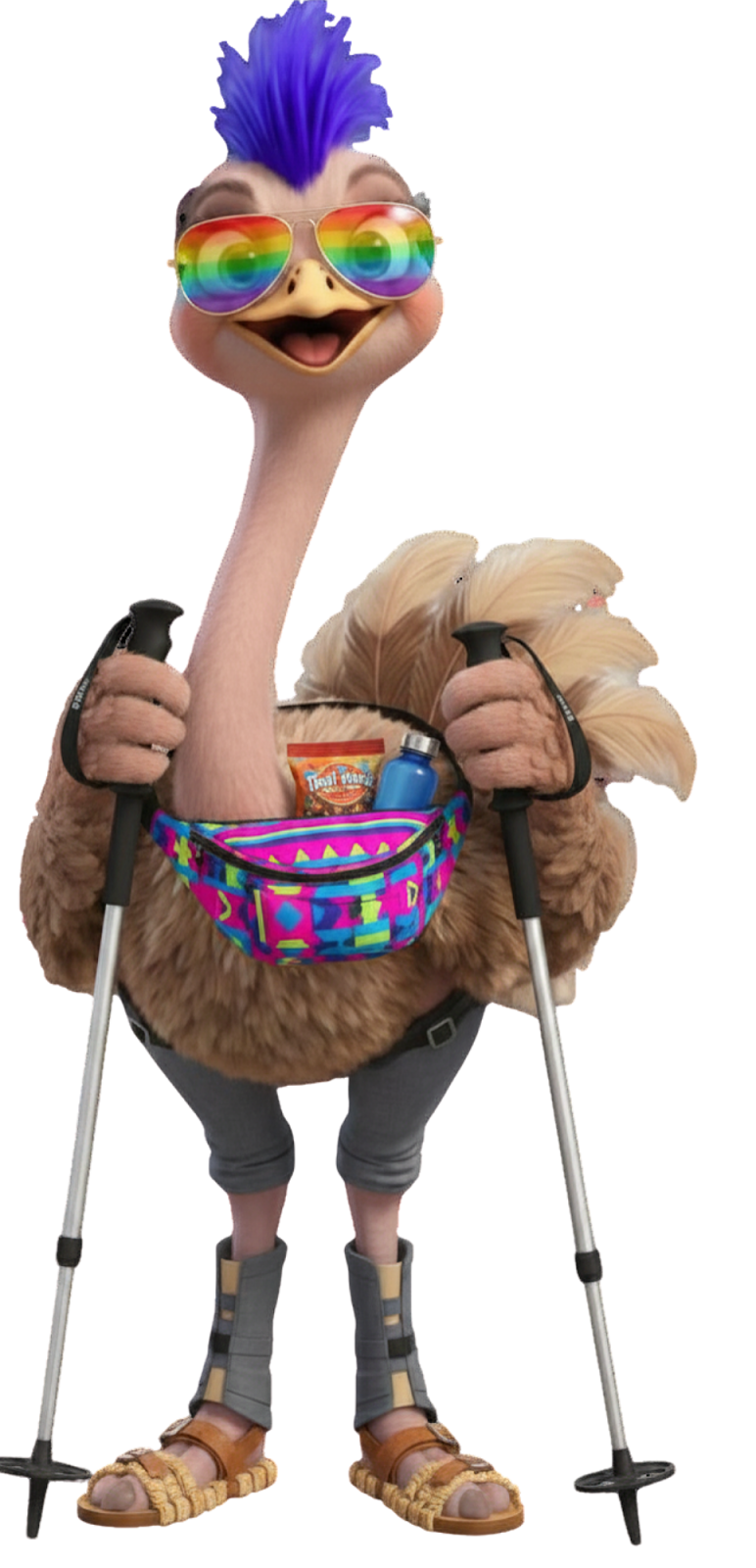 Cartoon ostrich wearing sunglasses and a colorful fannypack. Each wing holds a hiking pole. On its feet are hiking sandals and gaiters protect its skinny legs.