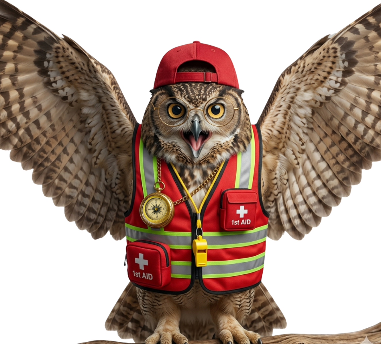 Cartoon owl is dressed in a red emergency vest with a first aid kit and whistle.