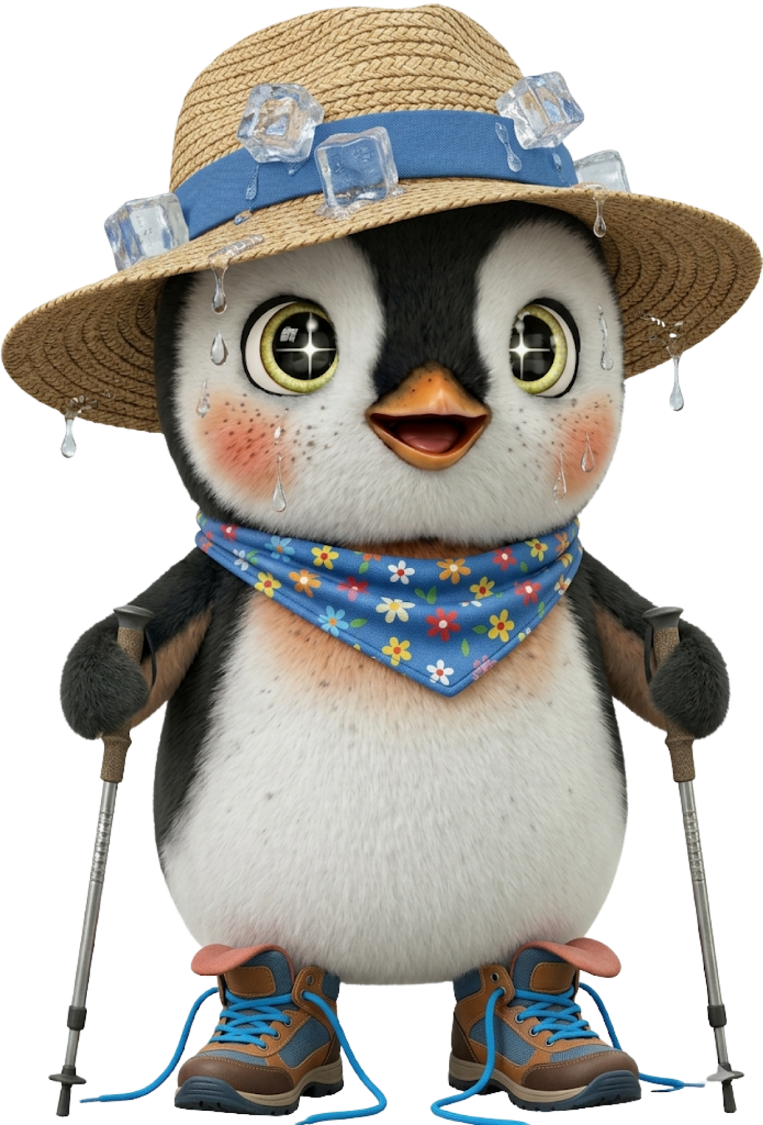 Cartoon penguin wearing hiking boots with untied blue shoelaces, a blue sweat bandana and a straw hat with ice cubes. Each wing clutches a hiking pole.