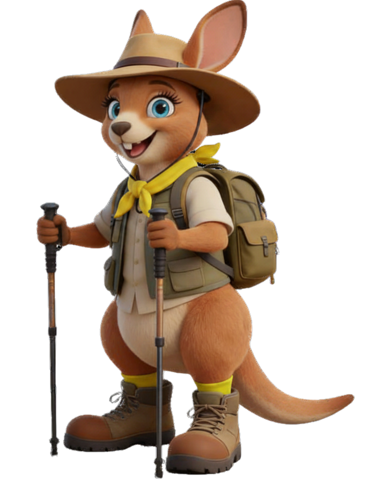 Cartoon kangaroo is wearing hiking boots, sun hat and backpack. Each paw has a hiking pole.