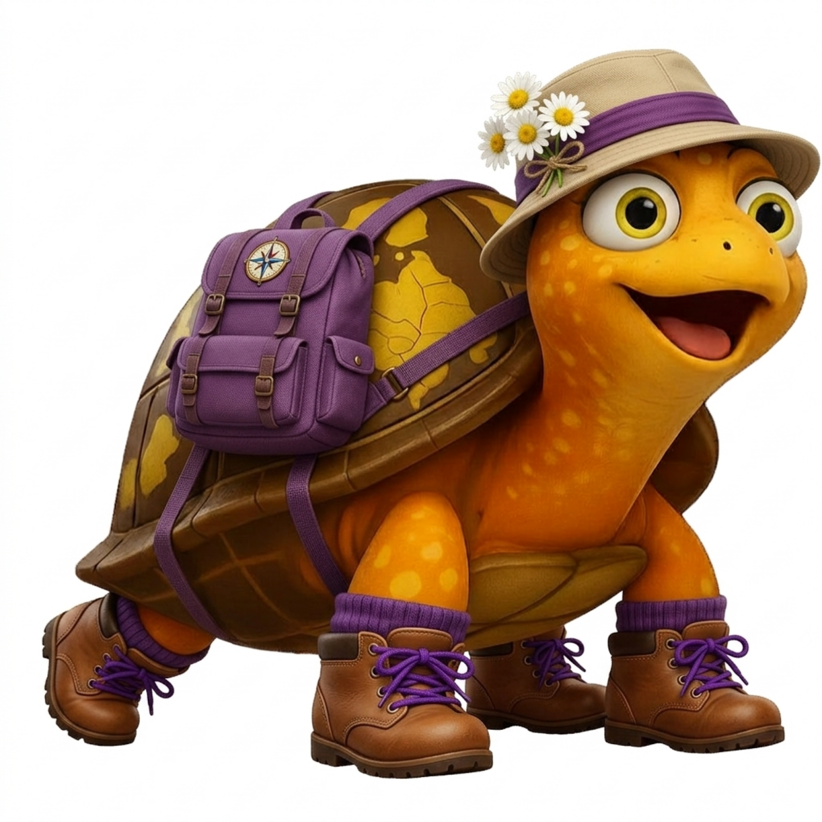 Cartoon turtle wearing hiking books with purple shoe laces and a purple backpack. Its sunhat has a purple headband with daisies.
