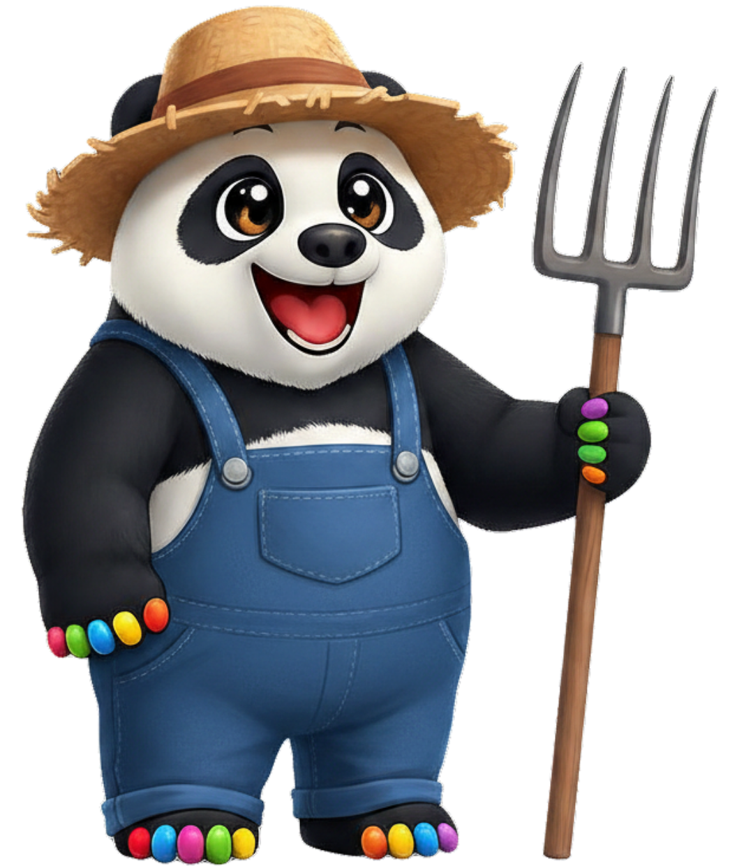 Cartoon of a young panda bear wearing blue overalls and straw hat while holding a garden pitchfork.