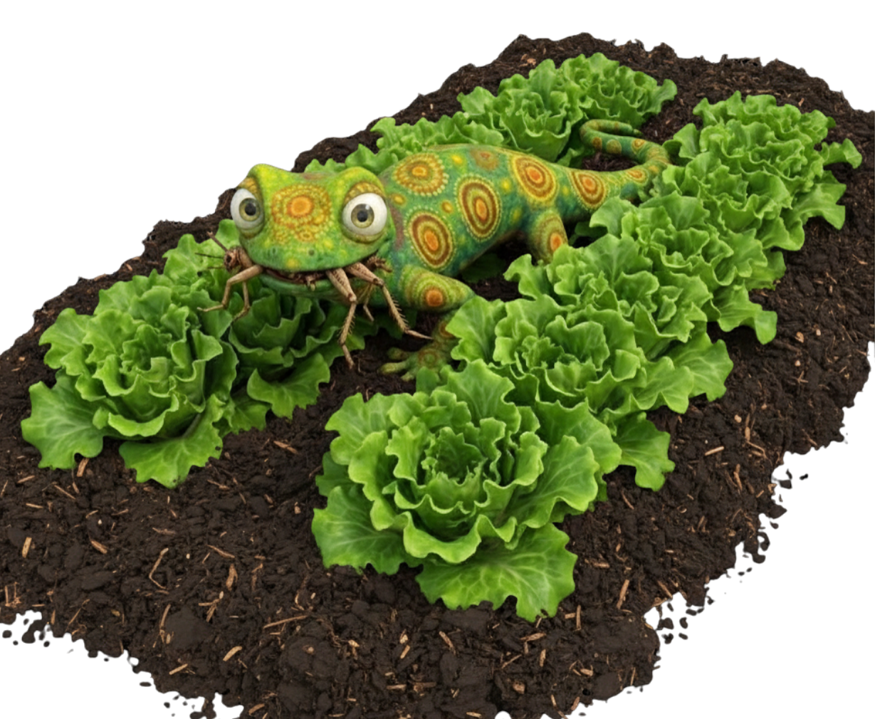Cartoon lizard with yellow and red markings, crawls between two garden rows of lettuce while munching on a cricket.