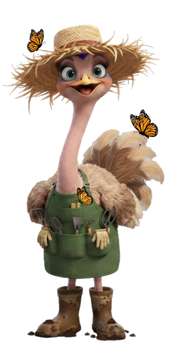 Cartoon ostrich wearing a straw hat and green garden apron with gloves and tools hanging out of the pockets. On its feet are muddy boots.