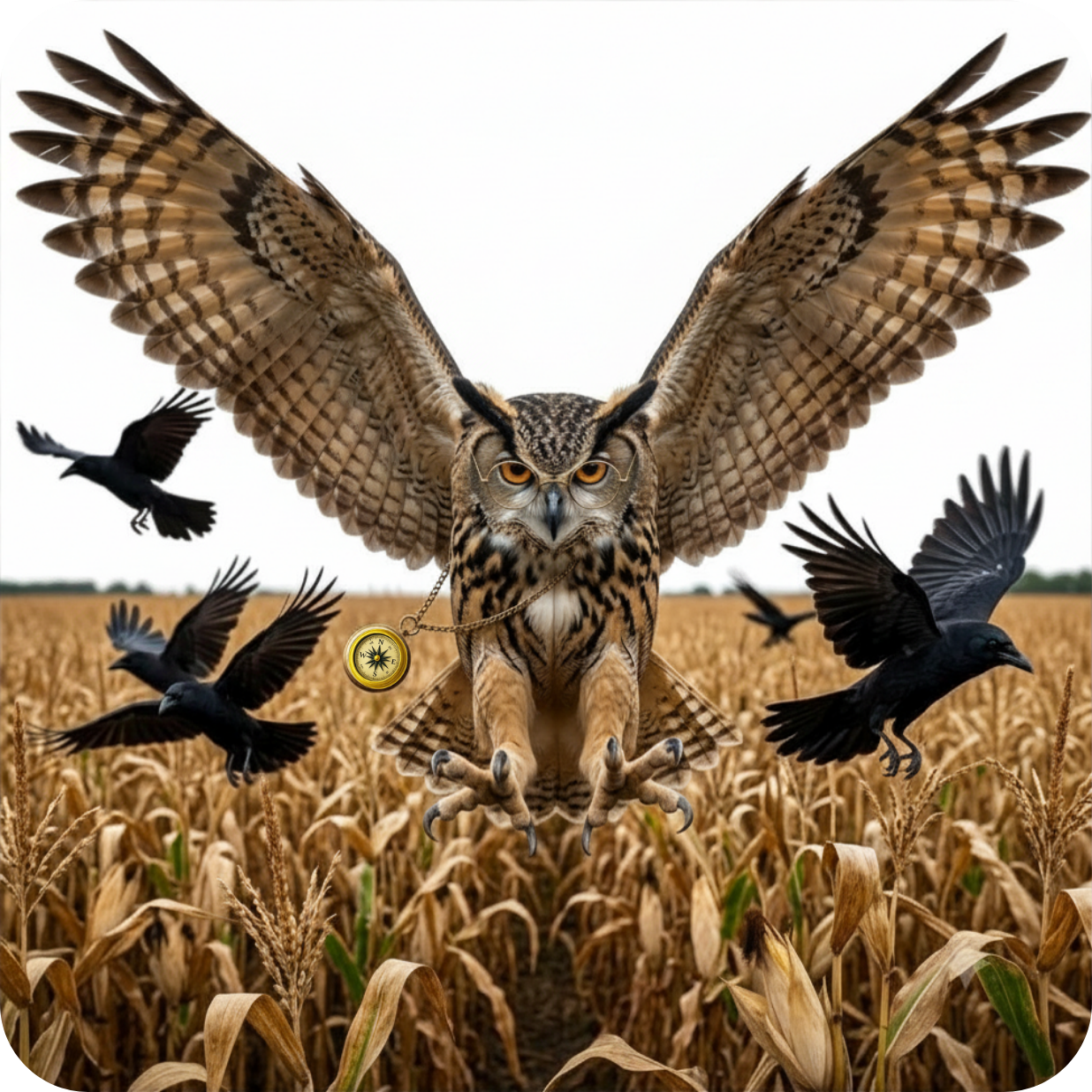 Cartoon owl is chasing birds away from a field of corn ready to be harvested.