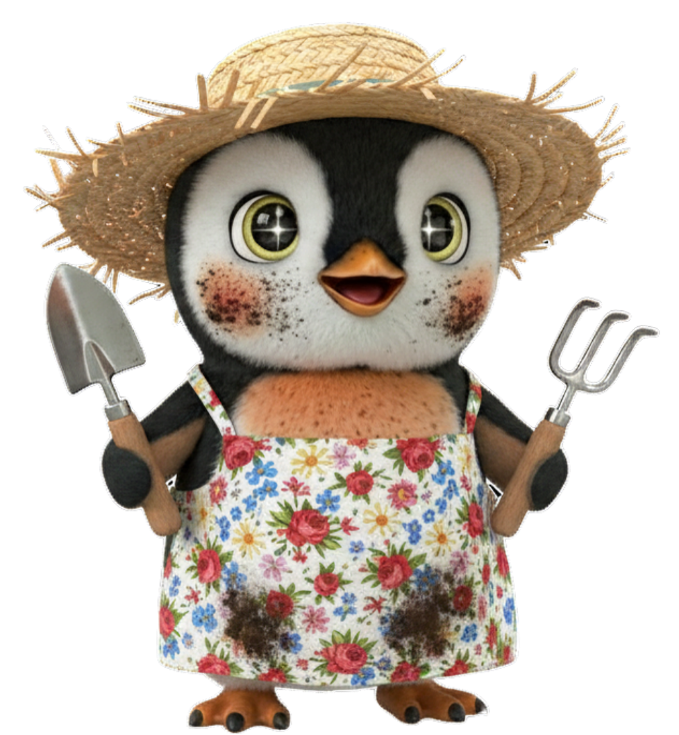 Cartoon penguin wearing a straw hat and muddy garden apron while holding a small shovel and garden claw.