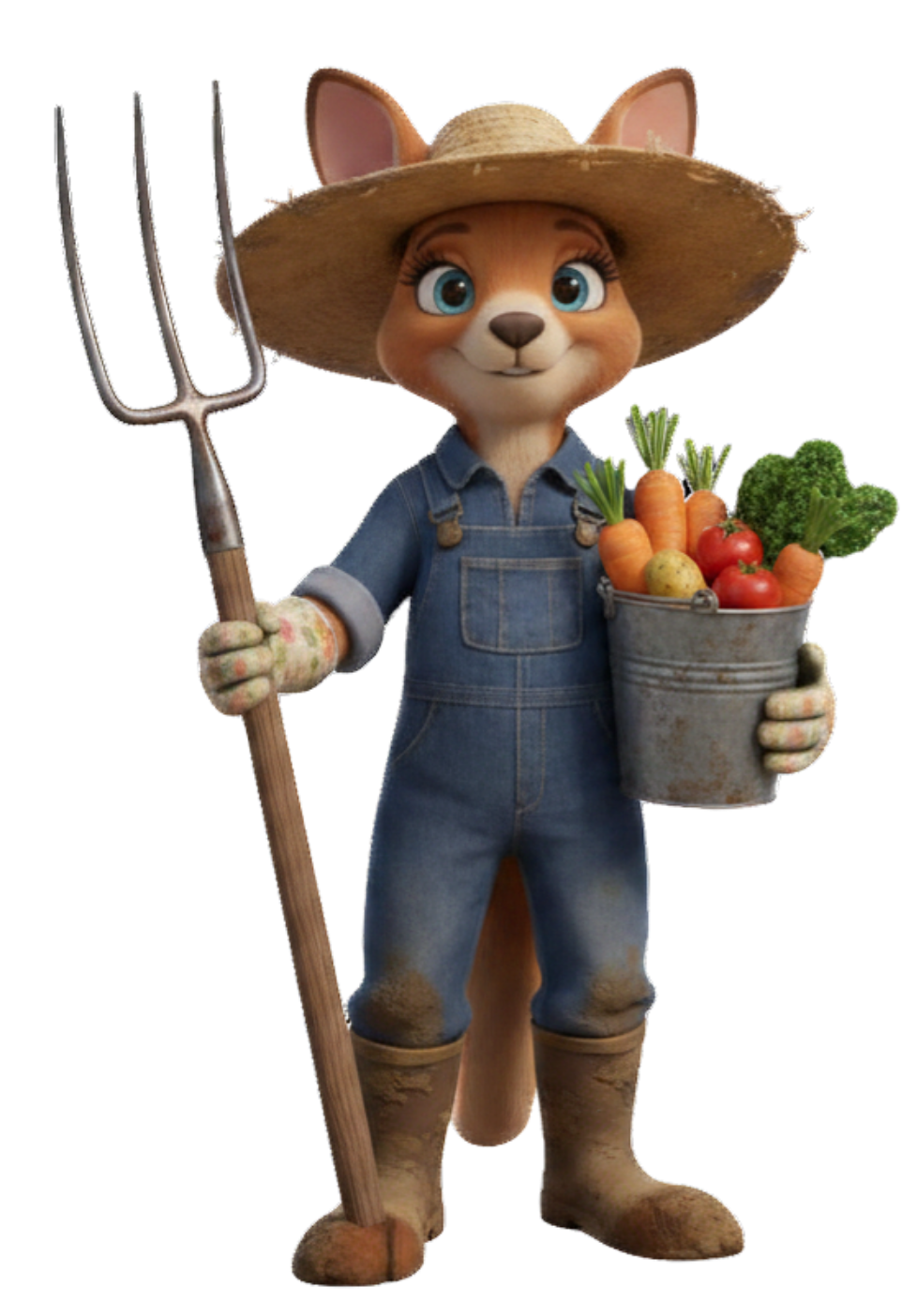 Cartoon kangaroo is wearing blue garden coveralls and straw hat while holding a pitchfork in one hand and a bucket of freshly harvested vegetables in the other.