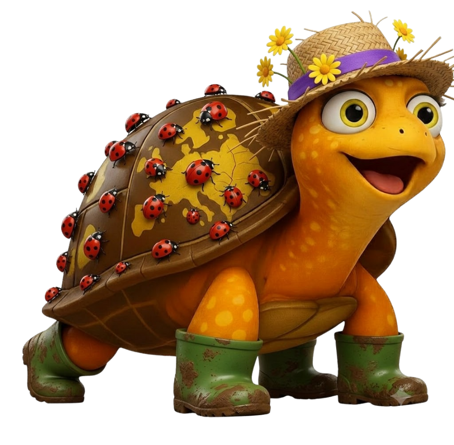 Cartoon turtle wearing a straw hat with yellow flowers in the hatband, and green muddy garden boots, while ladybugs adorn its shell.