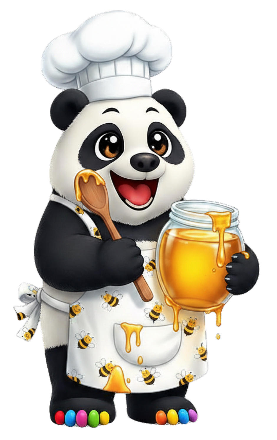 Cartoon of a young panda bear wearing a chef's hat and apron, holding a jar of honey and a spoon dripping with honey