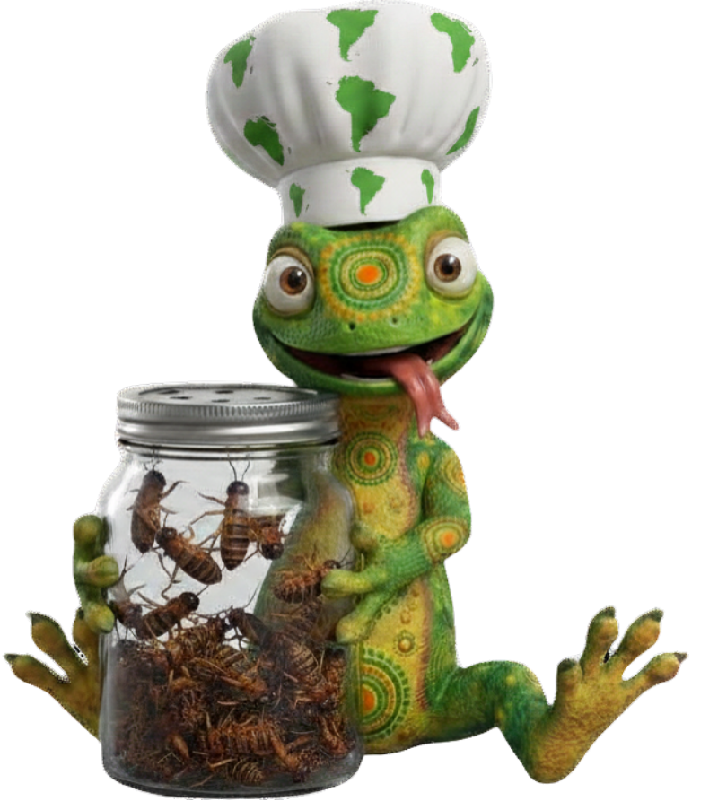 A sitting cartoon lizard with yellow and red markings wears a chef's hat with green emblems of South America, holding a jar of crickets between it's legs.