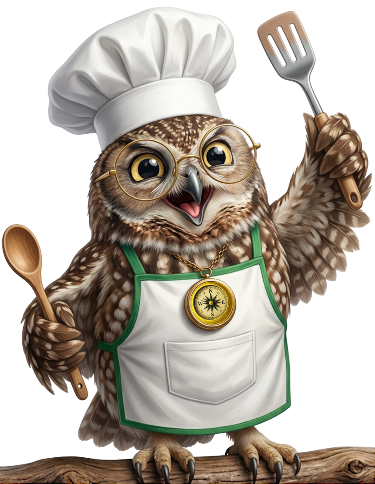 Cartoon owl wearing a chef's hat and apron, raises one wing with a spatula and is holding a spoon in the other wing.