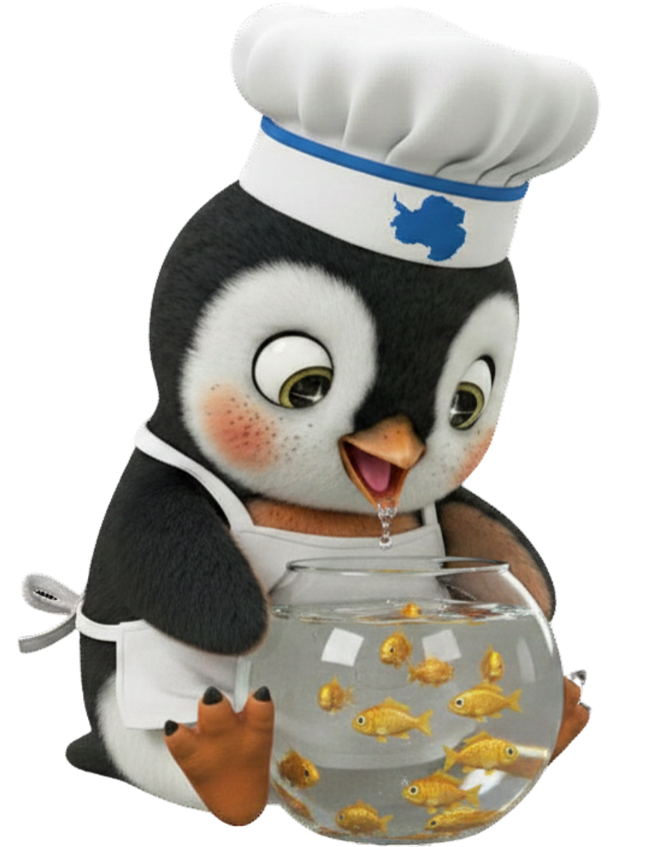 Cartoon penguin wearing chef's hat with a blue emblem of Antarctica and an apron, is sitting with a bowl of goldfish between its webbed feet.