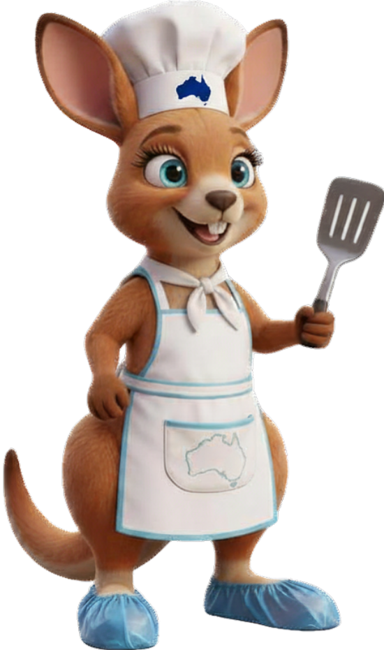 Cartoon kangaroo is wearing a chef's hat with a blue emblem of Australia and an apron with blue trim. In one hand it raises a spatula.