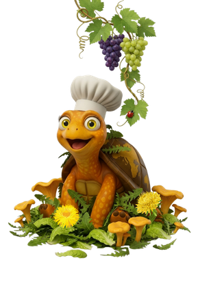 Cartoon turtle wearing a chef's hat is sitting in a pile of dandelion leaves, mushrooms, and flowers while grapes dangle overhead.