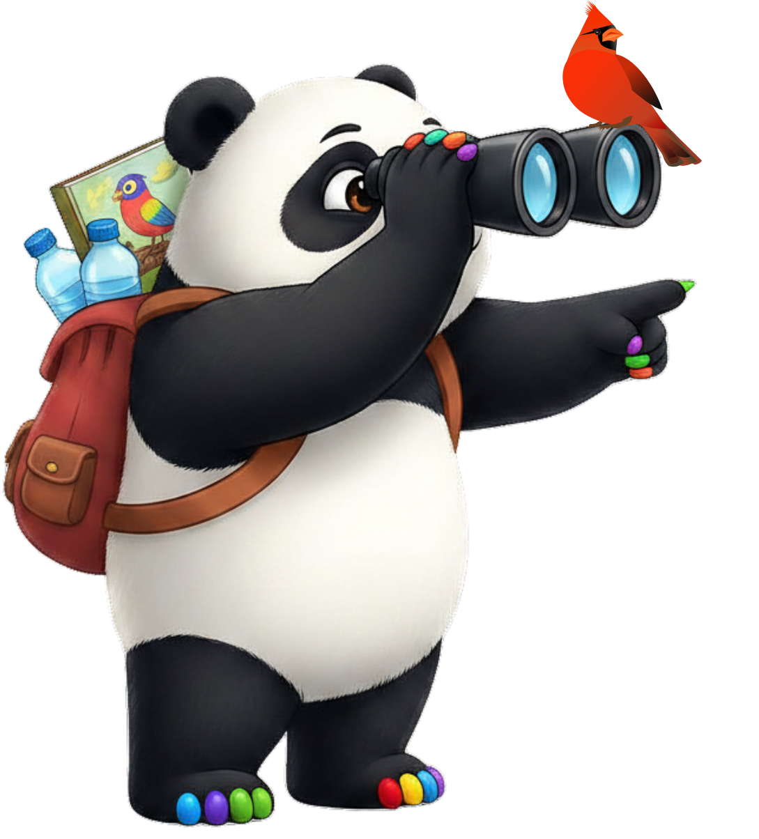 Cartoon of a young panda bear wearing backpack filled with water and a bird watching book. It is looking through binoculars while a red bird perches on them.