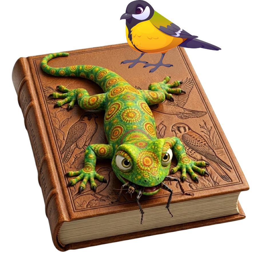Cartoon lizard with yellow and red markings lazily eats a cricket while laying on a bird book.