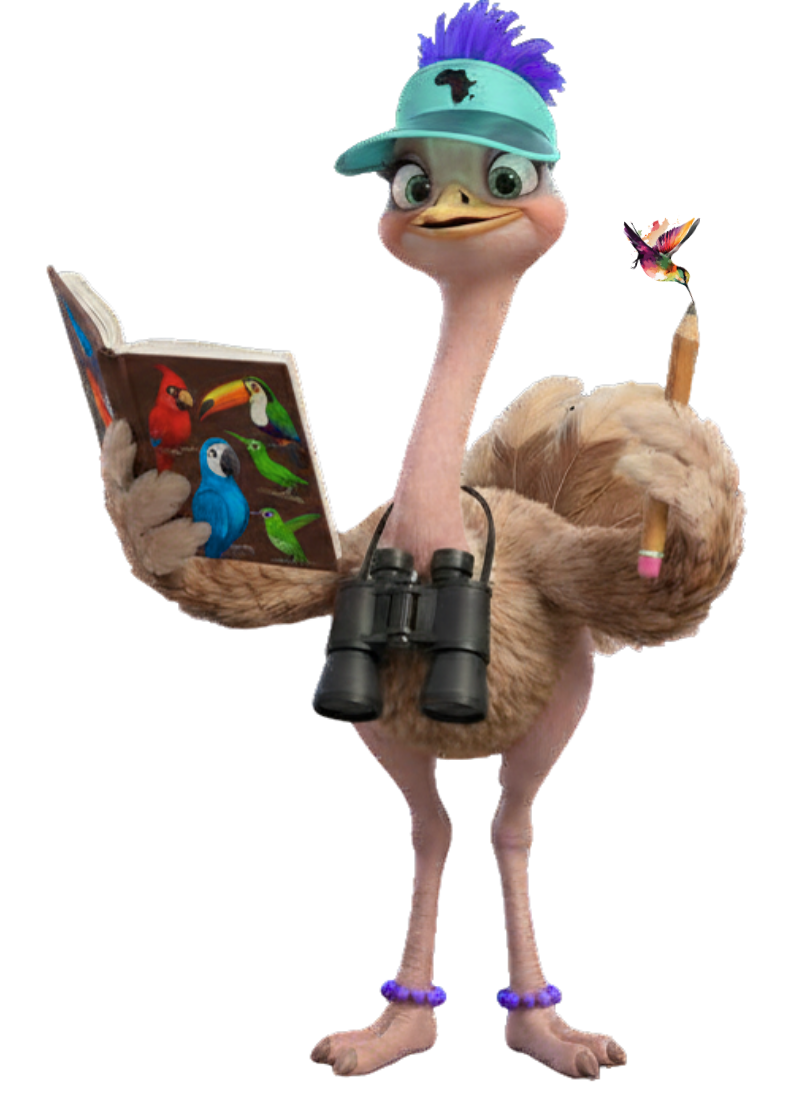 Cartoon ostrich with a purple mohawk scanning a bird book, while binoculars hang from its neck.