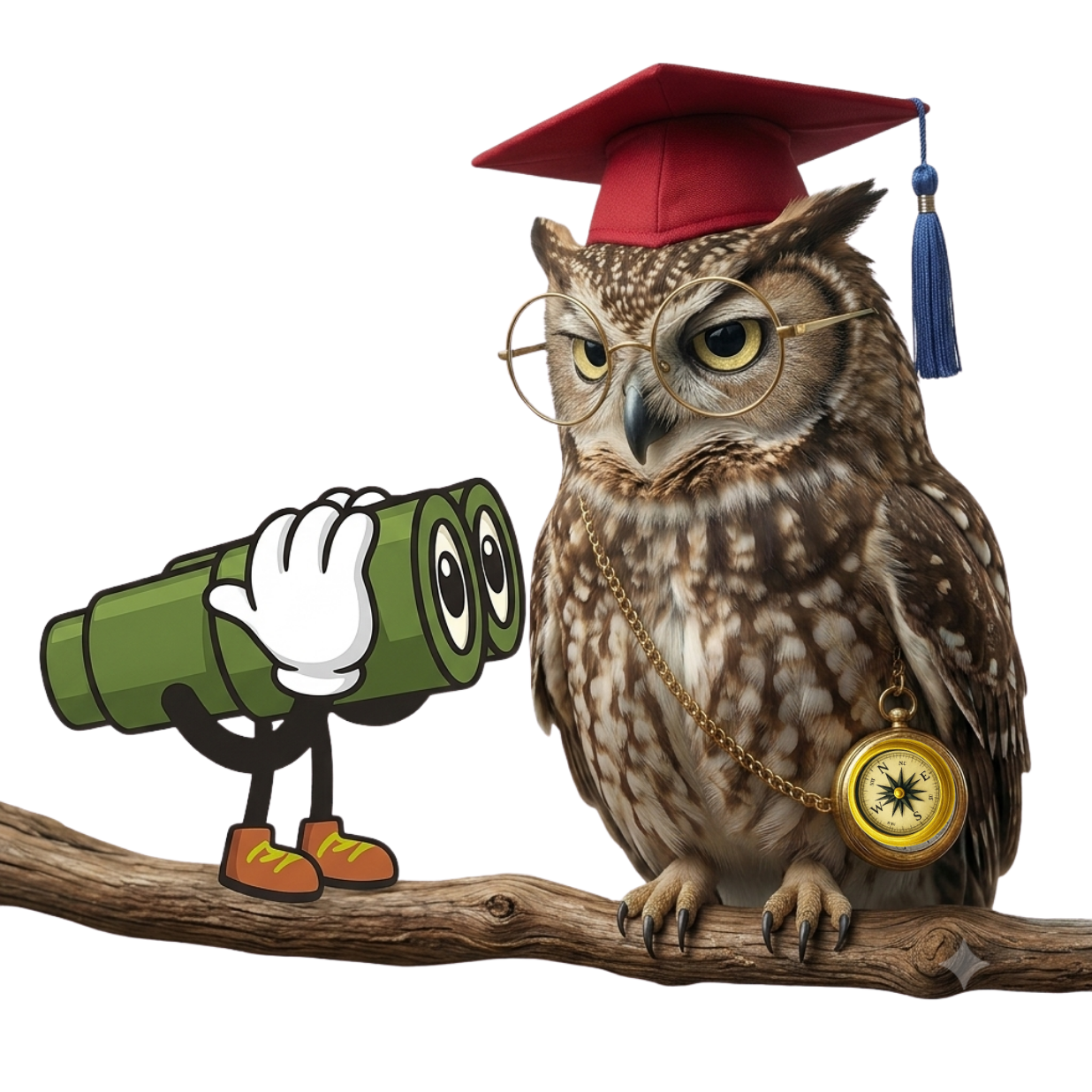 Cartoon owl perched on a pier post while holding a fishing rod.