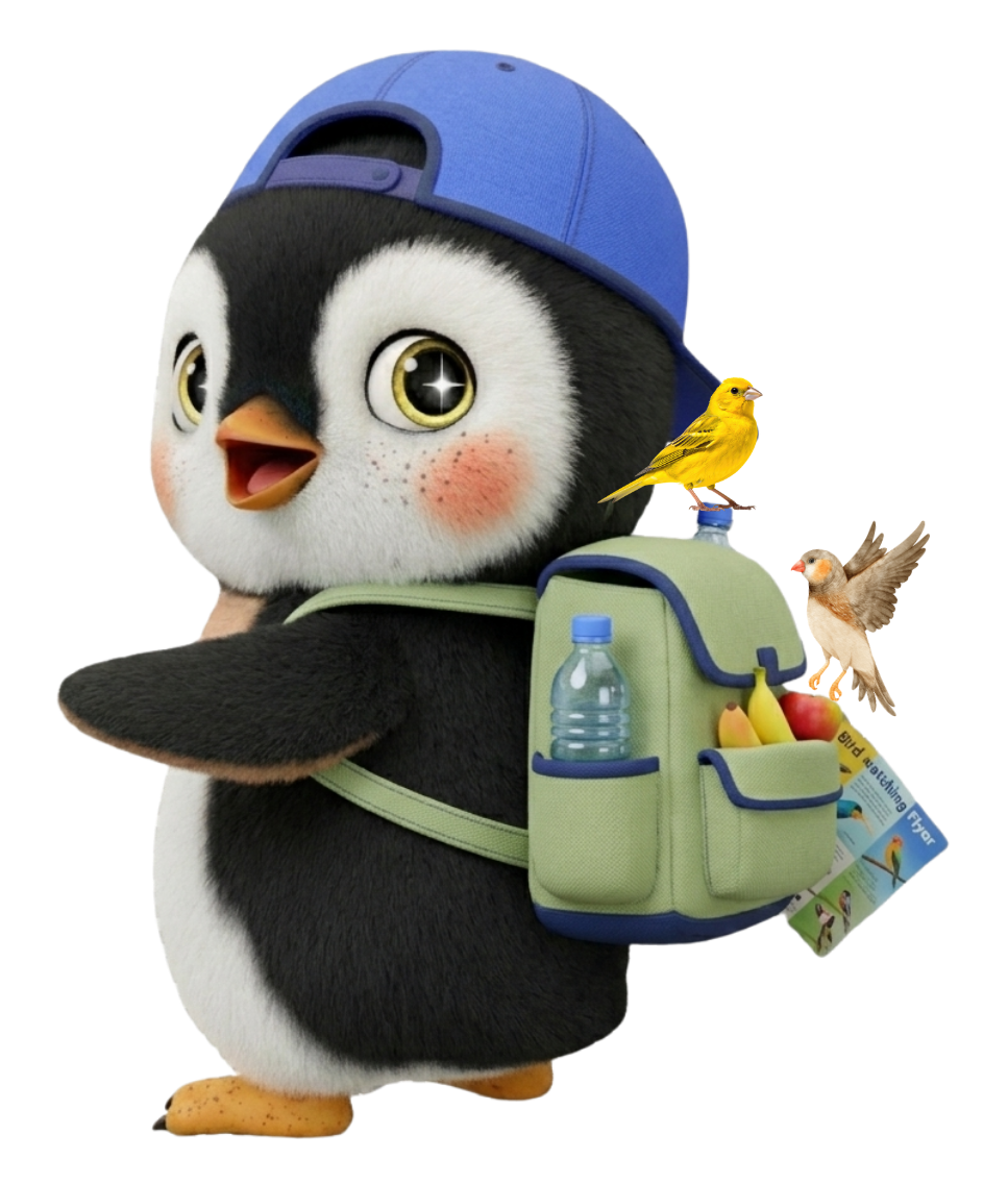 Cartoon penguin wearing a blue cap backward, has a backpack contain water and food that two birds are pecking at.