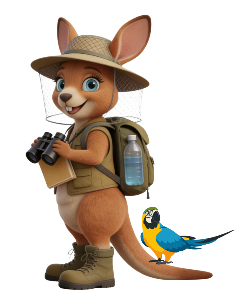 Cartoon kangaroo in bug-screen hat, is carrying binoculars and a bird book, while a parrot is perched on its tail.