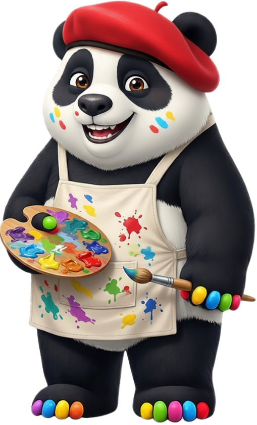 An asian panda bear with bright neon colored nails is standing and wearing an artist apron splashed with multi colored paints. On its head is a red soft, round, flat artist tam. Its face has paint splashes. The bear is smiling. In one paw is an artist brush, in the other an artist  palette.