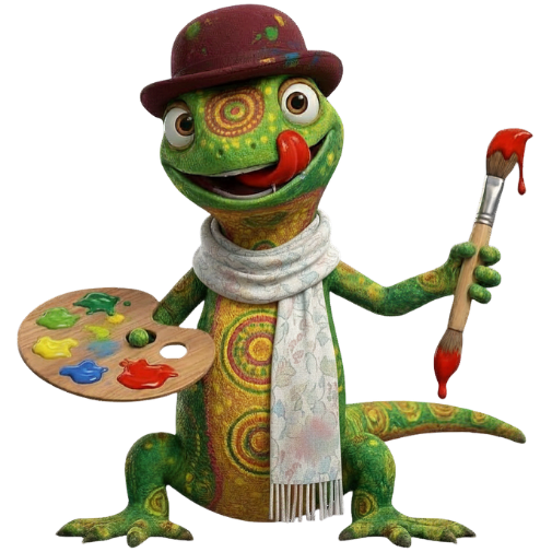 A South American green lizard with red and yellow patterns on its body, beady eyes and red forked tongue is standing on its back legs. On its head is a south american round, deep red, bowler hat. An extended hand holds a paintbrush dripping with red paint. In the other hand is an artist palette. The lizard is licking its lips.