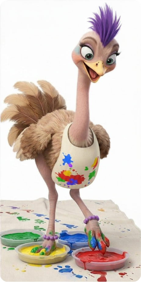 An African ostrick with neon purple mohawk haircut has an artist apron on that is splattered with paint. On the ground are paint pans of red, yellow and blue that the ostrich is stepping in to make footprints on the paper beneath it. The ostrich looks very excited.