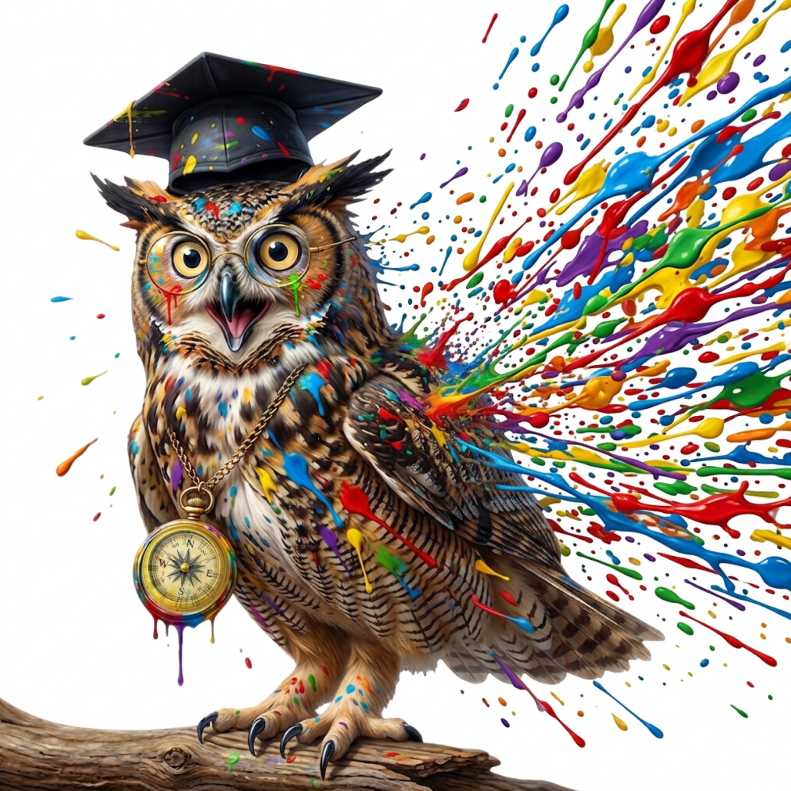 The North American horned owl is perched on a log. It is wearing a black graduation cap with a golden chain and compass around its body. The owl is squawking as it is being splattered with paint.