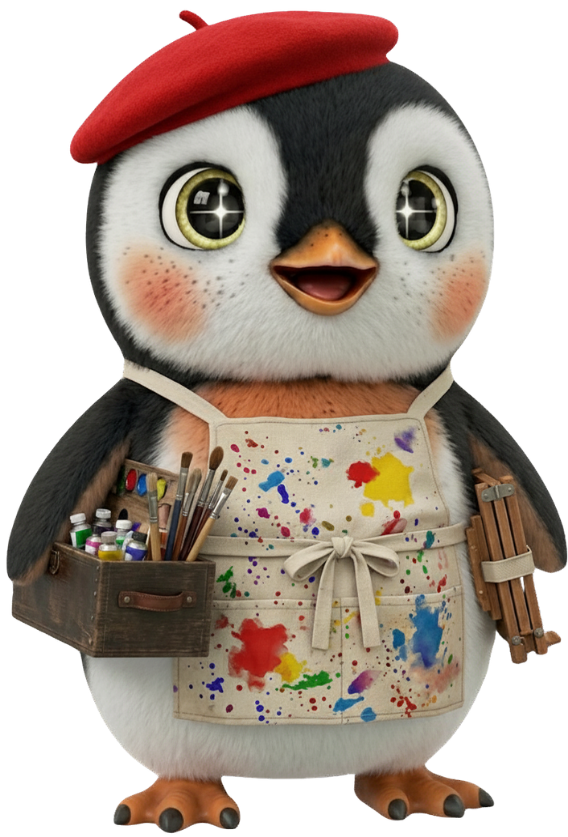 A baby Artarctic emporer penguin has light green eyes and patches of orange with freckles on its cheeks and chest. It is wearing a red artist tam and apron splattered with paint.  Under one wing the penguin is carring paper supplies, and the other wing carries a box of paints and brushes. The penguin looks very excited. It's eyes are sparkling.