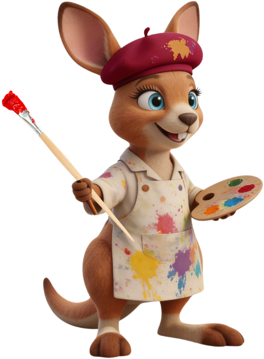 An image of an Australian kangaroo with a bright green artist tam on its head that has patches of paint smear. It is wearing a paint covered artist smock. In one hand is an artist brush. The kangaroo has light blue eyes, and its two large white front teeth are showing through its smile.