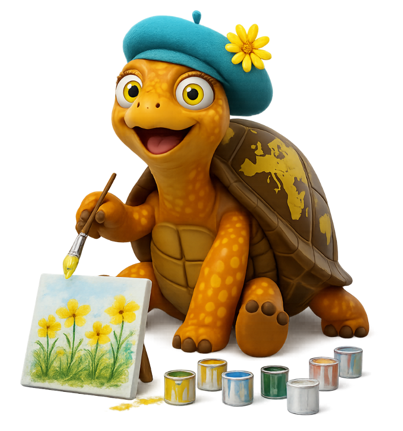 A very happy European golden pond turtle sitting so it can paint yellow flowers on a canvas. It is wearing a blue artist tam with a yellow flower in the band. Its map of europe is clearly seen on its shell. Paint containers surround the turtle.