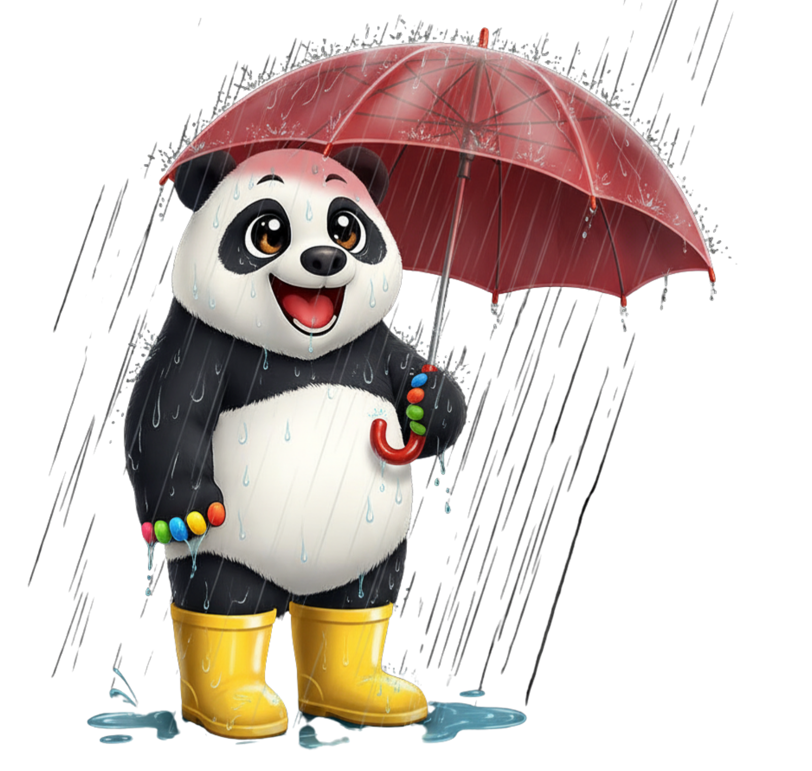 Cartoon of a young panda bear wearing yellow rain boots, holding an umbrella.