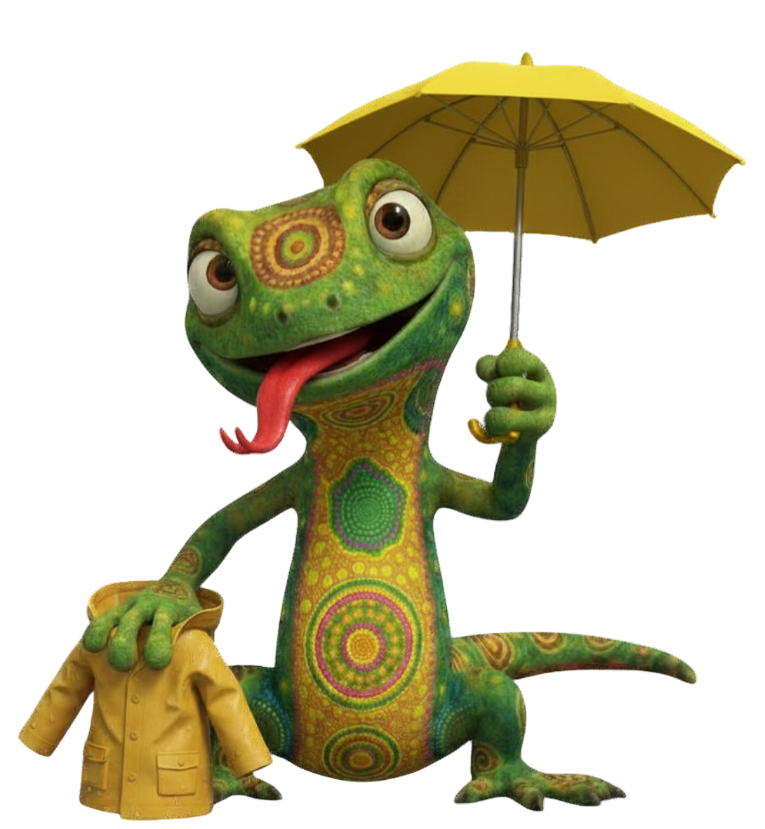 Cartoon lizard with red and yellow patterns holding an umbrella and rain jacket.